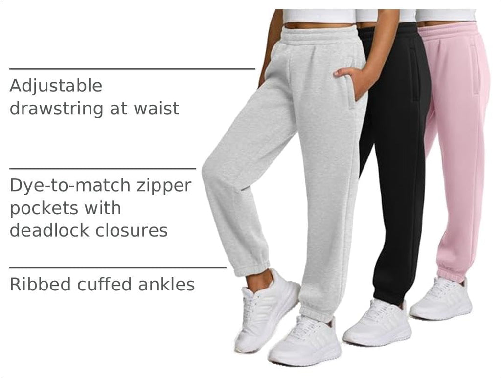 Girls Sweatpants 3 Pack Fleece Athletic Joggers, Teen Sweat Pants with Zipper Pockets and Drawstring