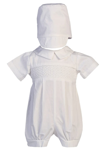 Boy's Smocked Cotton Christening Baptism Romper with Hat - White