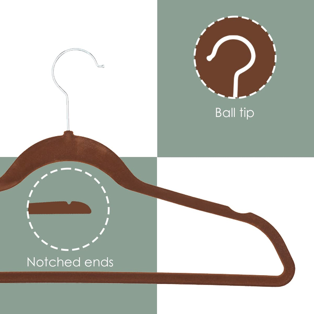 Velvet Clothes Hangers (Pack of 10), Brown, by | Felt Hangers for Tops, Jackets, Dresses, and Pants | Contoured