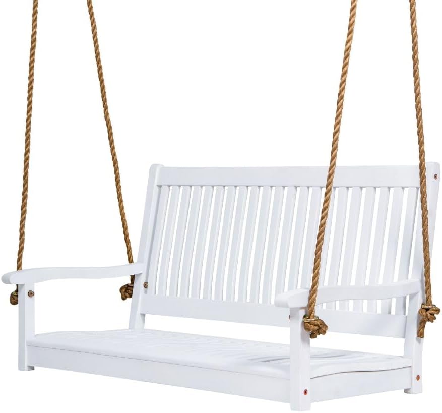 Hayden 5 Foot White Porch Swing with Ropes - Outdoor Bench Swing Crafted from Naturally Weather-Resistant Acacia Wood