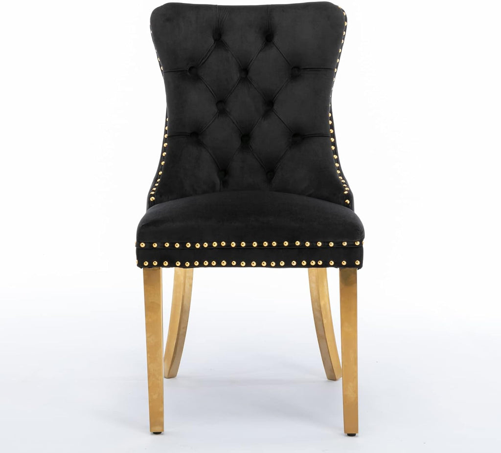 Solid Wood Velvet Upholstered Dining Chair with Golden Stainless Steel Plating Legs,Contemporary Design W/Nailhead