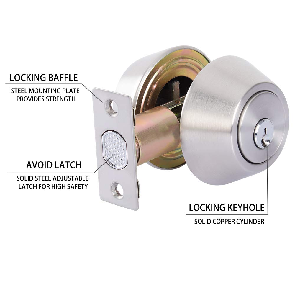 Double keyed Deadbolt Lock - Keyed on Both Sides, 2-Way Adjustable Cylinder Deadbolt (Privacy/Passage), Satin