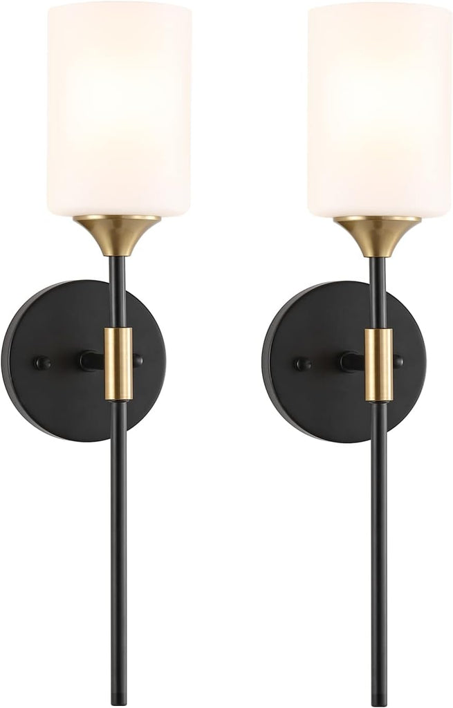 Industrial Mid Century Wall Sconce Set of 2 with White Cylinder Glass Shades Modern Bathroom Vanity Wall Lamp Black