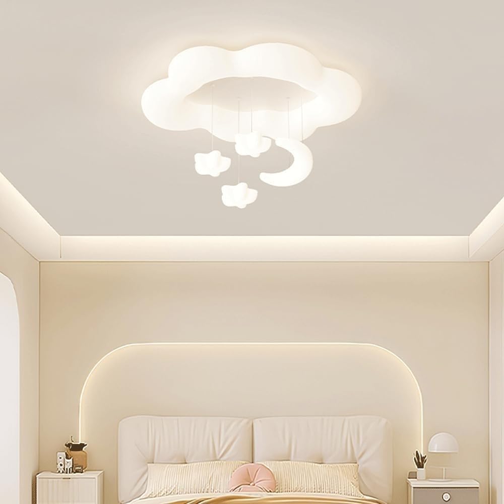 23.62 X 16.93 Inches Modern Milk White Cloud Kids Bedroom Ceiling Light, LED Flush Mount Nursery Ceiling Lamp, Moon