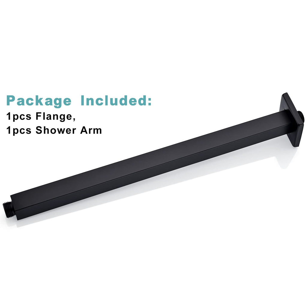 16 Inch Matte Black Ceiling Mount Shower Arm and Flange, Square Rain Shower Arm