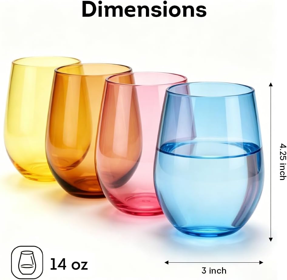 Set of 8 Shatter-Resistant Acrylic Stemless Wine Glasses - 14 oz for Poolside, Parties, Patio & Outdoor Indoor Use