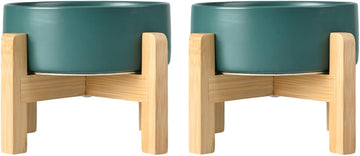Ceramic Elevated Dog Bowls 2 Pack - 5.1inch Raised Dog Bowls with Non-Slip Wooden Stand for Small Dogs Dishwasher