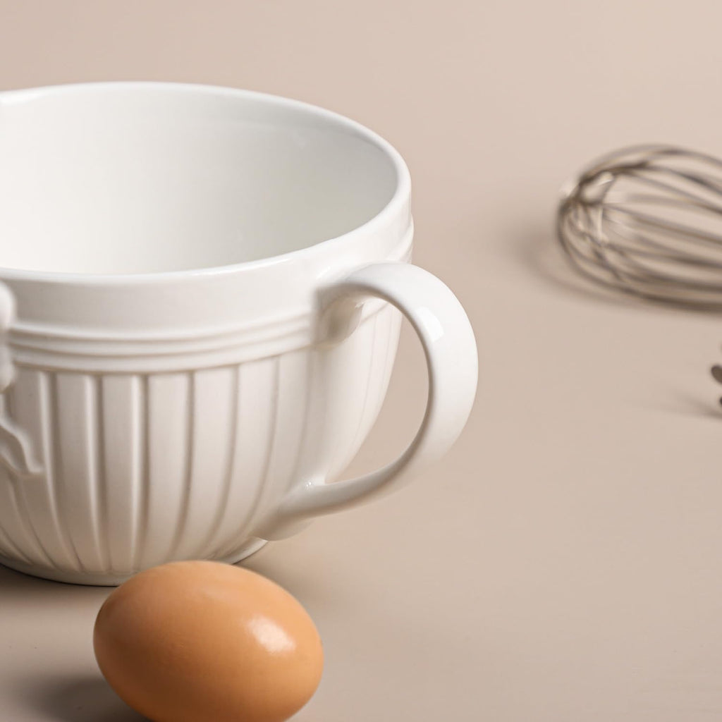 Bow Embossed Ceramic Mixing Bowl, 1 Quart Batter Bowl, with Pouring Spout and Handle, White