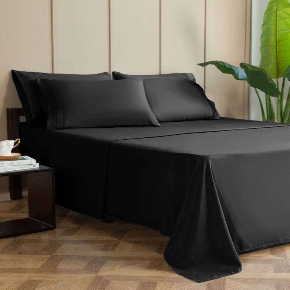 Bed Sheet Set Super Soft Microfiber Luxury Egyptian Sheets 16-Inch Deep Pocket, Wrinkle-4 Piece(Black, Full)