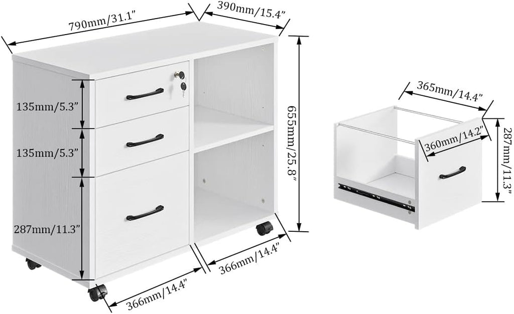 3 Drawer Office File Cabinets, Mobile Lateral Printer Stand with Open Storage Shelf, Rolling Filing Cabinet with