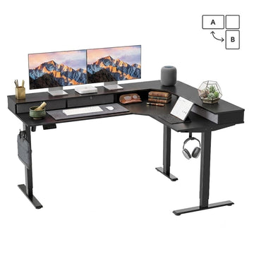 63"x48" L Shaped Standing Desk with Drawers & Shelf, Modern Black