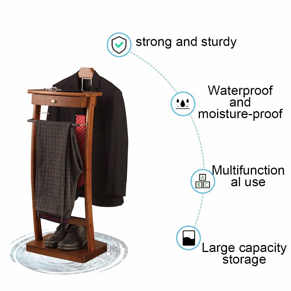 Suit Valet Stand with Tray, Wood Valet Stand for Men, Floor Standing Clothes Valet Stand, Valet Stand Living Room Bed