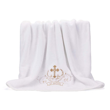 My Baptism Baby Christening Dedication White Blanket with Embroidered Cross Premium Soft Warm Cozy Coral Fleece