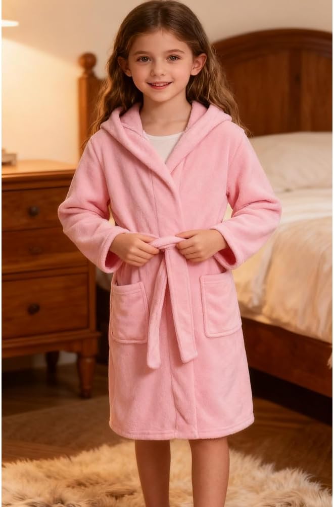 Kids Bathrobe Hooded Plush Fleece Robe for Girls Boys