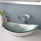 Oval Bathroom Vessel Sink Tempered Glass With Faucet Pop Up Drain Washing Bowl Waterfall Above Counter Set