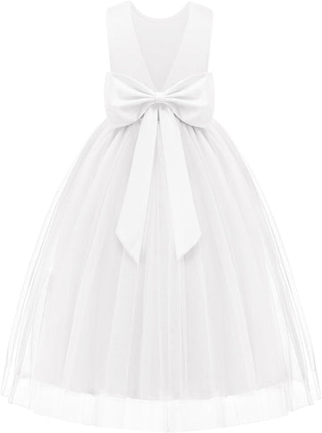 Flower Girl Dress V-Back Bowknot Formal Party Long Tulle Dresses