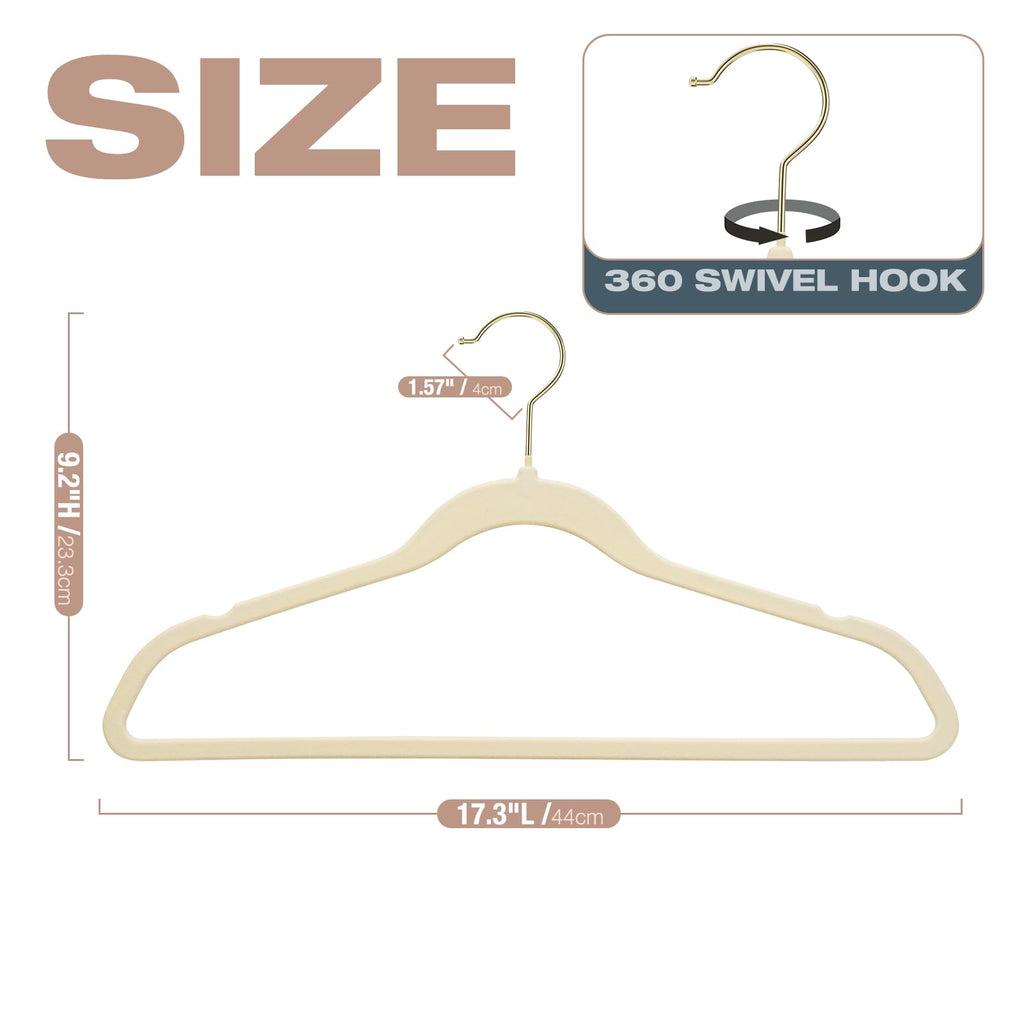 50 Pack Beige Velvet Hangers, Non Slip, Heavy-Duty, Slim, Space Saving, with Felt Surface and Gold 360°Swivel Hook, for