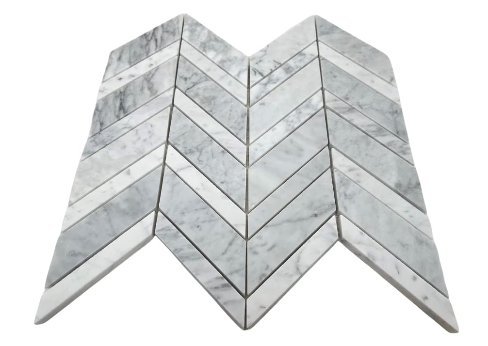 Carrara Premium Marble Chevron Mosaic Tile - Polished, 1 Sheet Backsplash, Bathroom Shower, Fireplace, Entryway