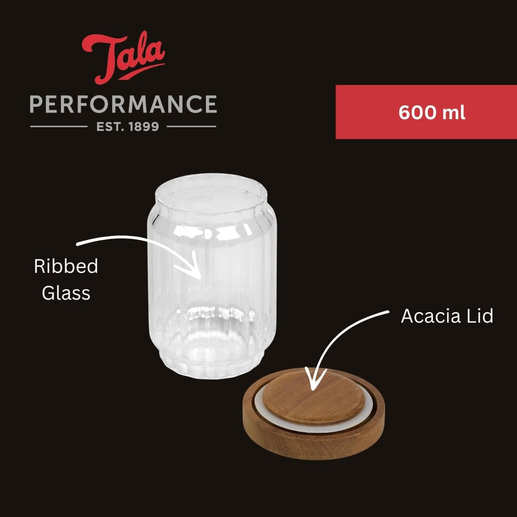 Ribbed Glass Storage Jar with Acacia Lid, Stylish Airtight Kitchen Jars for Dry Ingredients, Tea, Coffee, Sugar