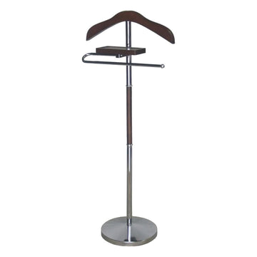 Brown Wooden Suit Valet Stand with Hanger Trouser Bar Storage Tray Elegant Clothes Organizer Closet Space Saving