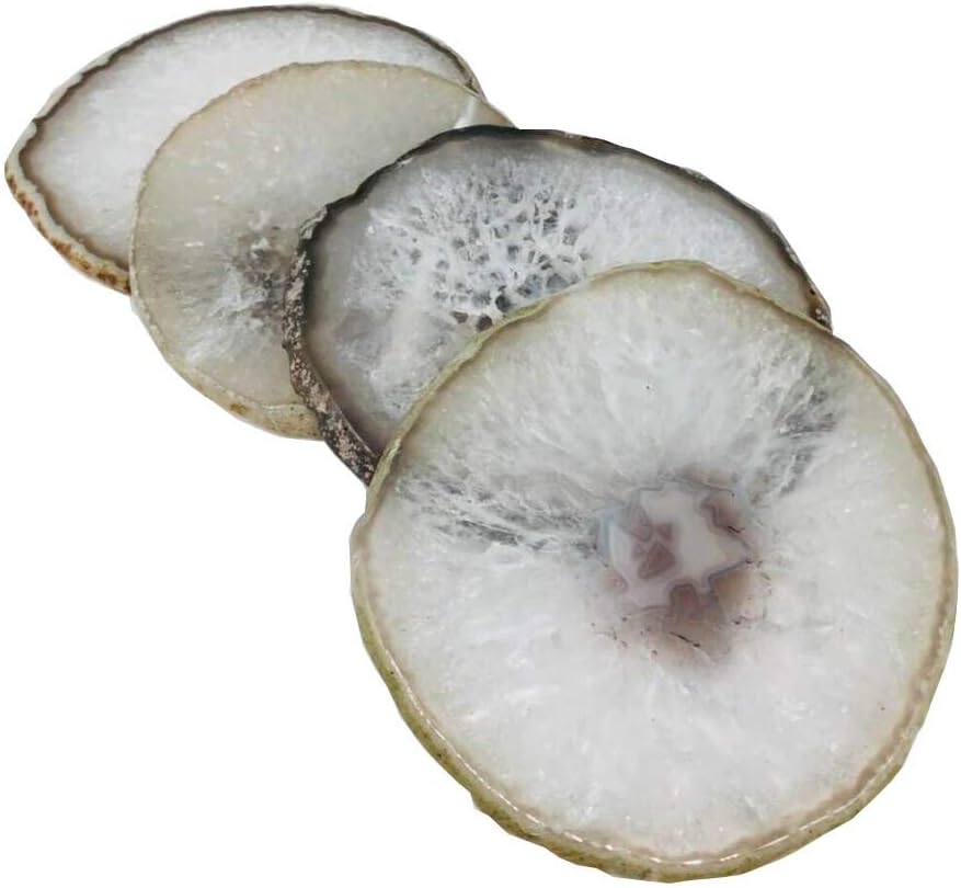 Real Natural Large Sliced Gemstone Agate Coasters/4.3 to 5 Inches// Gift Box Packed/Natural Color, White - Set of 4