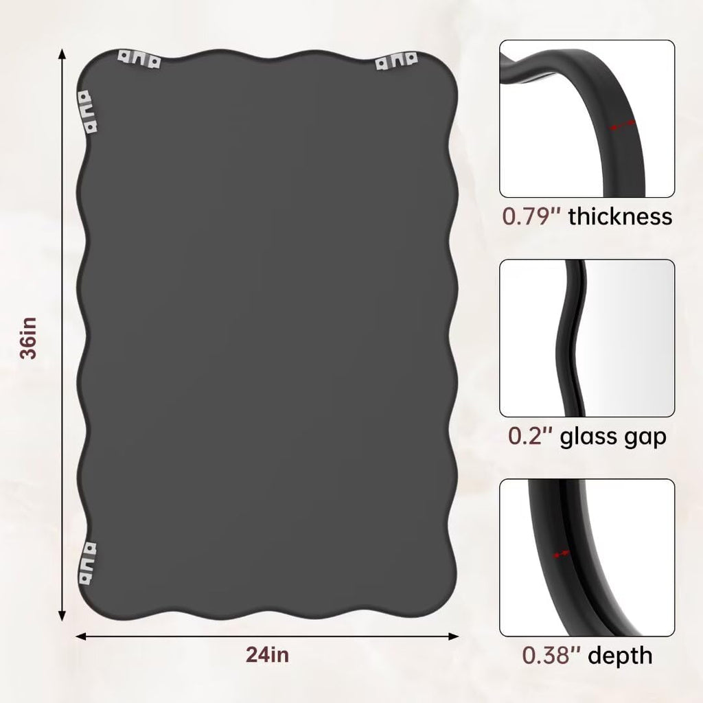 24x36 Black Wavy Irregular Bathroom Mirror, Wall-Mounted