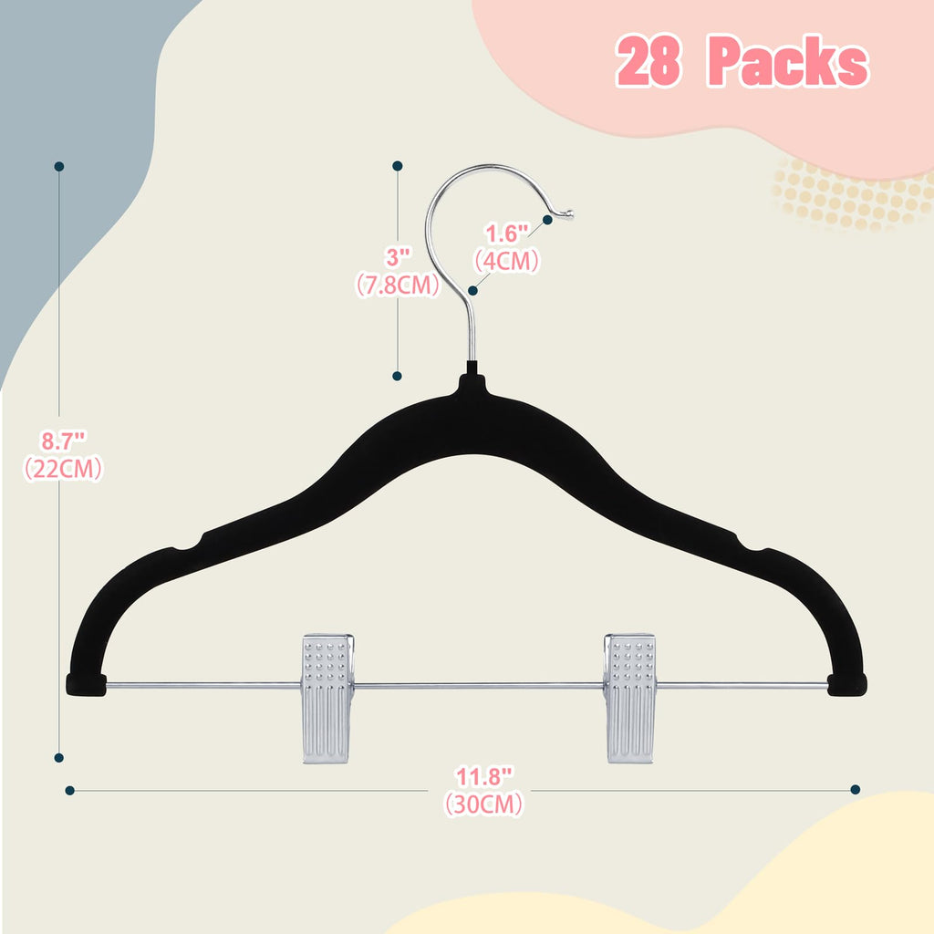 11.8'' Baby Velvet Hangers with Movable Clips 28 Pack Black
