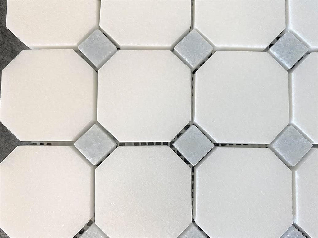 Octagon Thassos White with Sky Blue Dots Polished Marble Mosaic Floor Wall Tile (Box of 5 Sheets) Backsplash