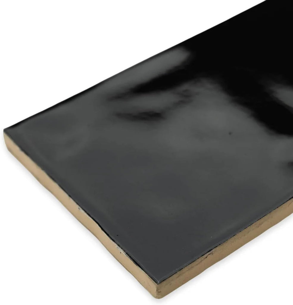 Glossy Black Ceramic Subway Tile 3x12, Handmade Look Wall Tile, Rustic Artisan Zellige Style Backsplash Bathroom