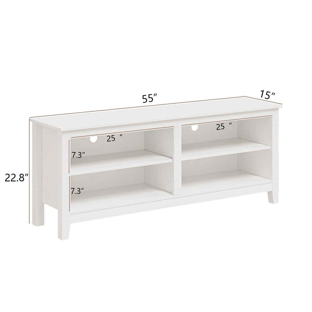 Modern TV Stand for 65 inch TV, White Wood TV Cabinet with 4 Open Storage Shelves, Fits 50-65 Inch TVs, 55 Inches W x