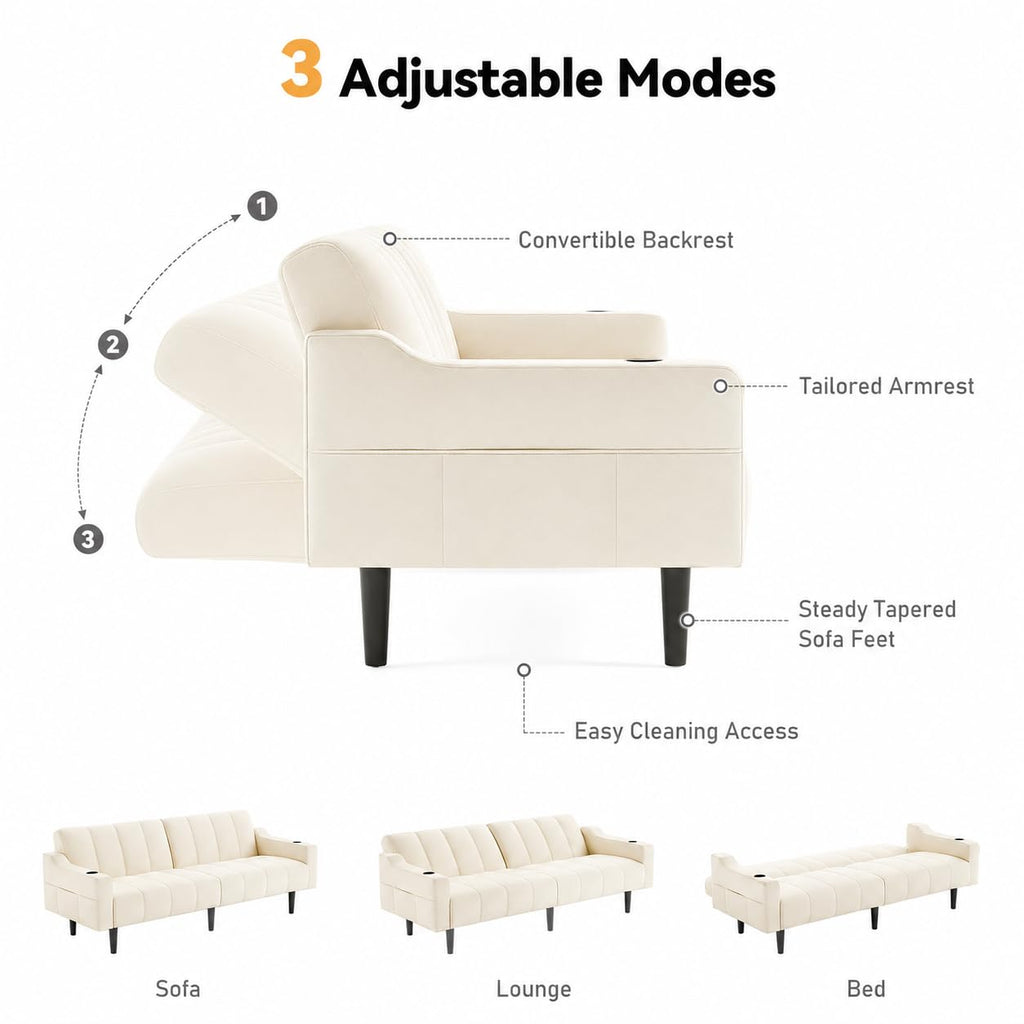 80'' Leather Couch, Futon Sofa Bed, Faux Leather Couch with Adjustable Backrest, 2 Cup Holders & Side Pockets, Mid