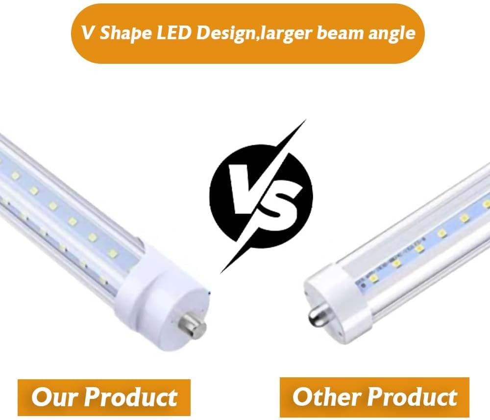 T8 8FT LED Tube Light, 8 Foot T8 V Shaped Single Pin FA8 Base, Ballast Bypass 270° 50W 6750LM, 6500K Cool White