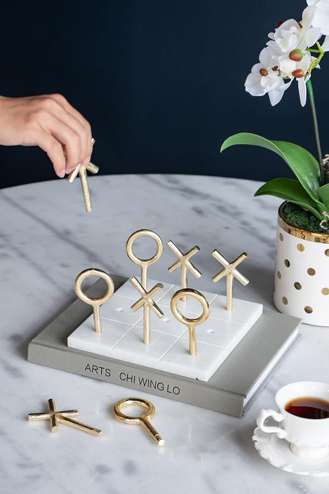 6.4" Banswara Marble Tic Tac Toe Game Set w/Gold Metal Pieces Luxury Decor