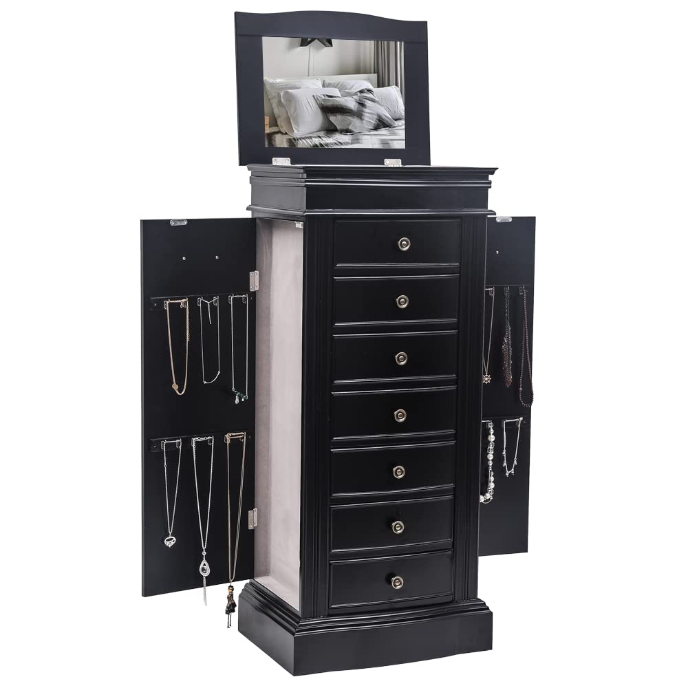Jewelry Armoire Cabinet with Flip Top Mirror and Compartments - Large Standing Jewelry Chest - Wooden Jewelry Storage