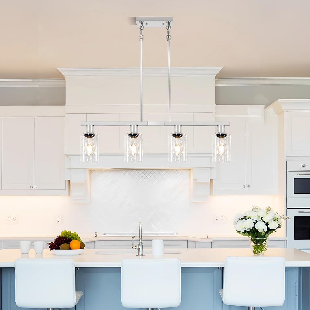 Brushed Nickel 4-Light Kitchen Island Lighting, Adjustable Island Lights with Clear Glass Shades - Kitchen Pendant