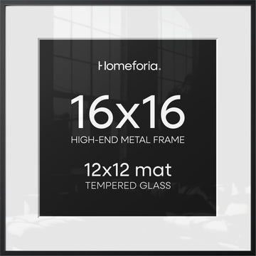 16x16 Black Picture Frame, High-End Metal, 12x12 Mat, Glass