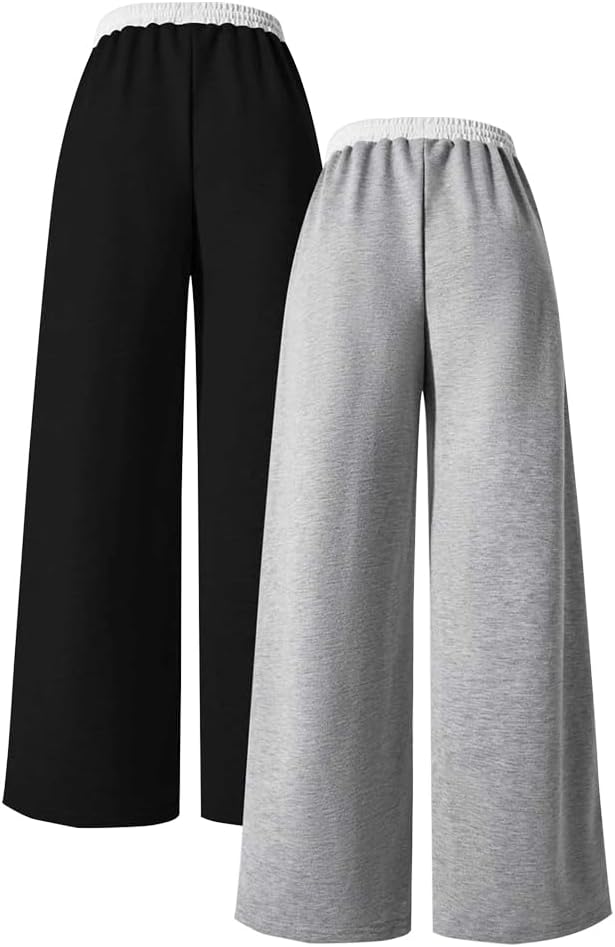 2pcs Tween Girls Pants Set Letter Embroidery Seal Details Casual Drawstring Waist Wide Leg Sweatpants