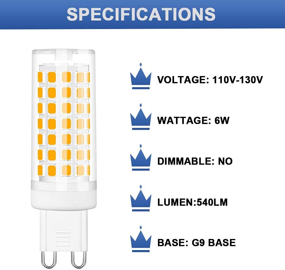 G9 LED Bulb 6W, 60W G9 Halogen Bulb Replacement, 540LM, Warm White 3000K, AC110-130V G9 Base Non-Dimmable Light