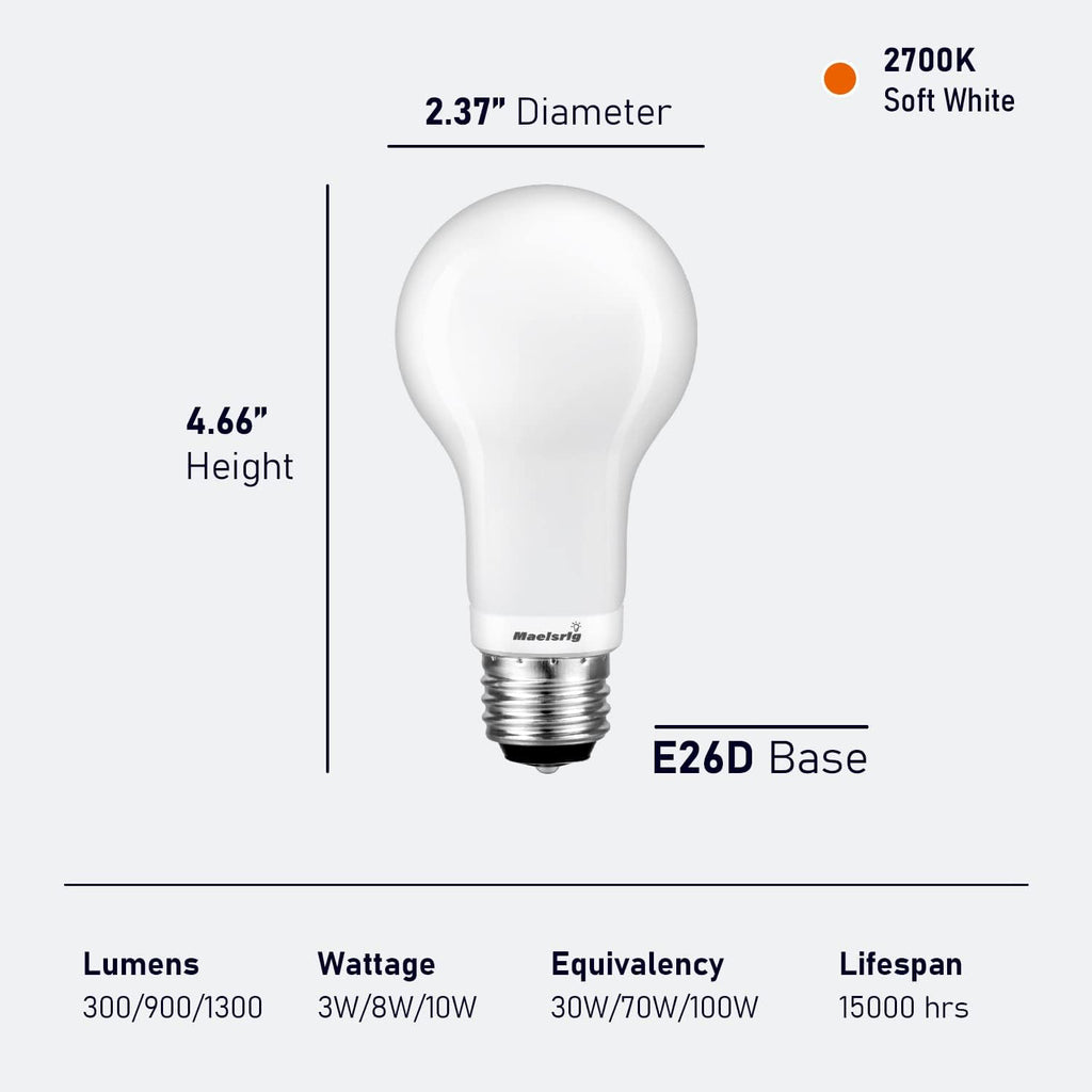 3-Way Light Bulbs, 30 70 100 Watt Equivalent, Soft White 2700K, A19 Three Way LED Bulbs, 3W/8W/10W, E26 Medium Base