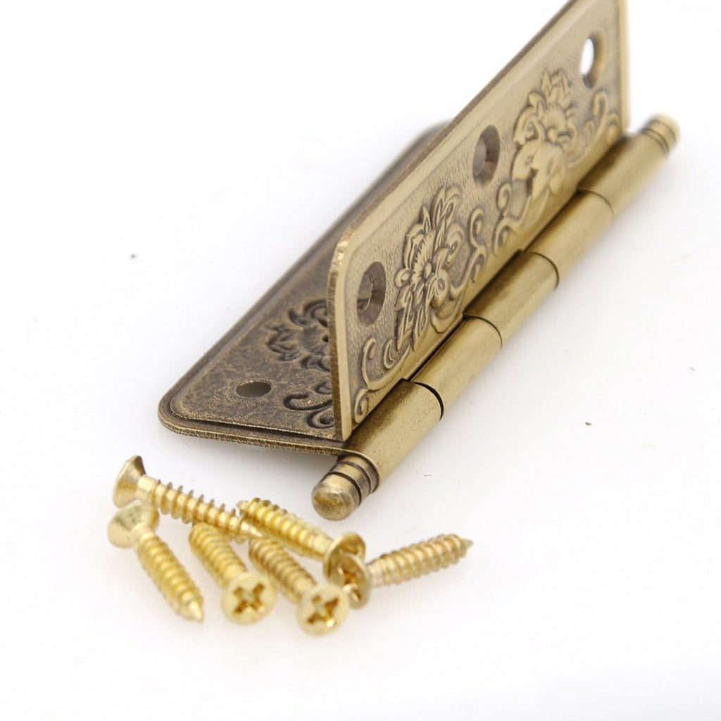 4 PCs Embossed Brass Hinges - Decorative Flap Hinges with Flower Patterns for Wooden Chest Trunck Cabinet Cupboard