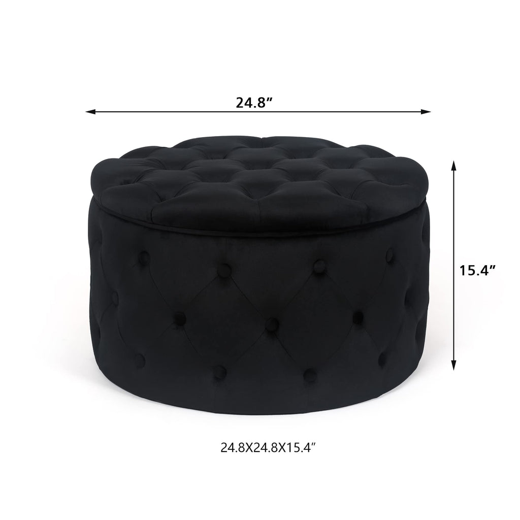 Velvet Round Storage Ottoman with Tufted Lid, 24.8 Inch Upholstered Footstool & Accent Chair, Black