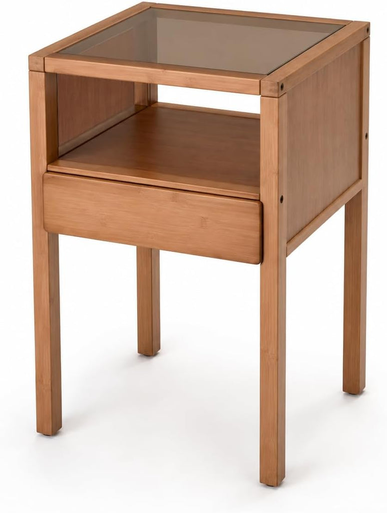 Bamboo Nightstand with Tempered Glass Top and Drawer, Small Bedside Table with Open Shelf Storage, Natural