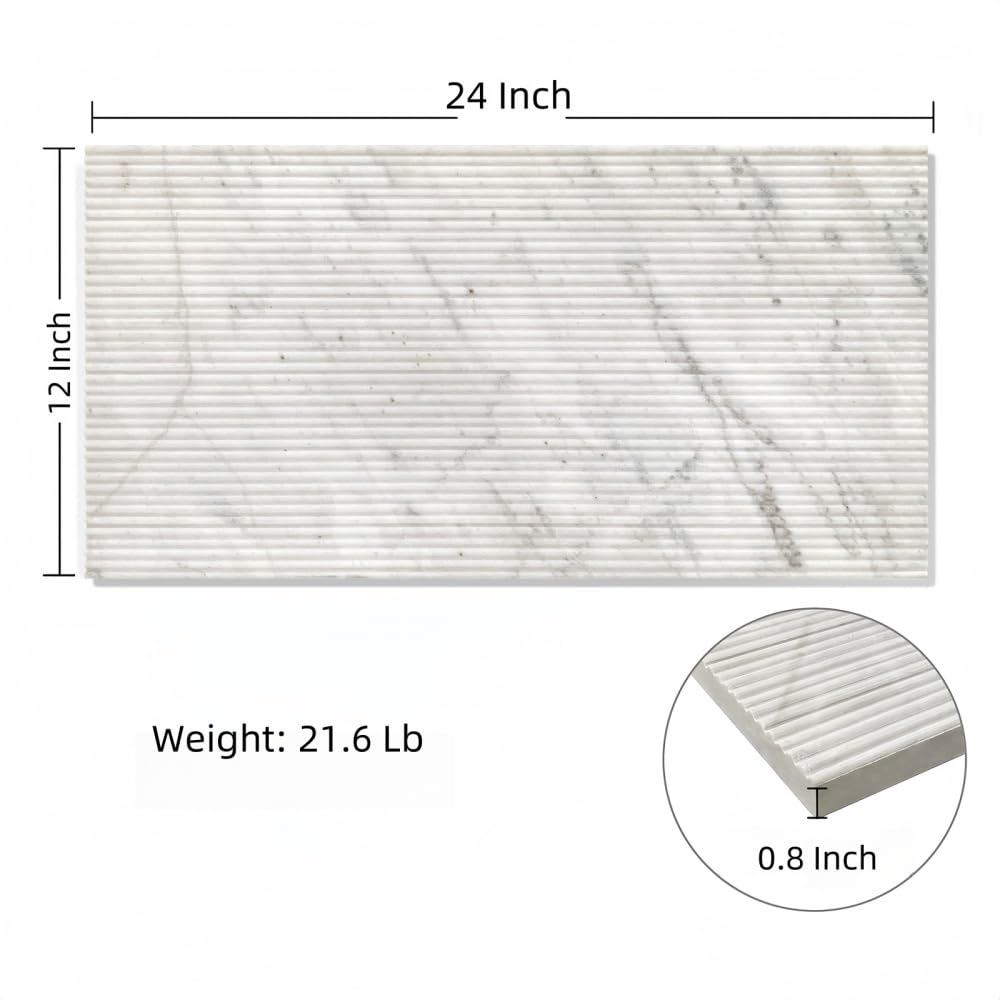 3D Fluted White Marble Wall Tiles, 12 x 24 Inch, 4 Pieces, OL Finish