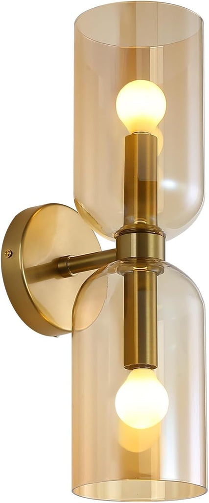 Minimalist 2-Light Gold Wall Sconces with Cylinder Glass Shades- Mid Century Vanity Wall Double Lights Hardwired
