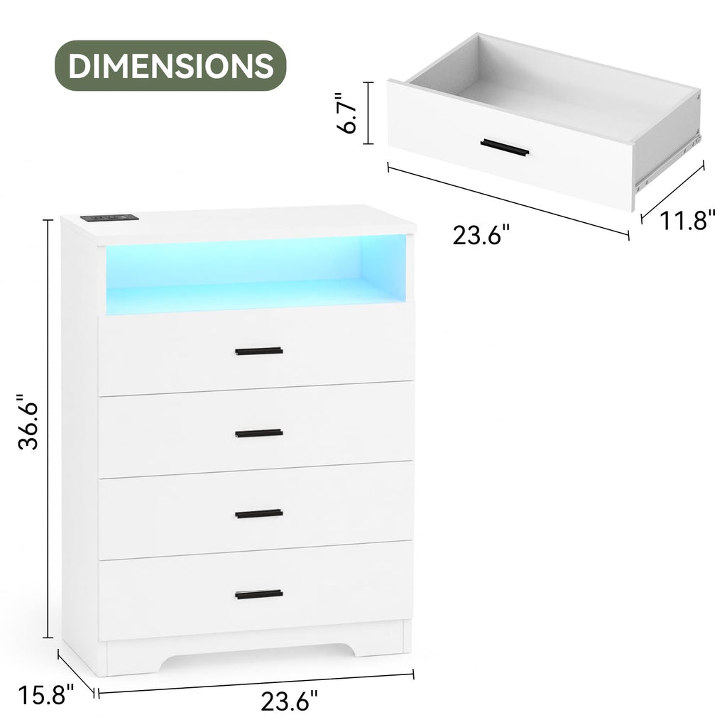 4 Drawer with Power Outlets and LED Wooden Chest of Drawers with Large Organizer White with Metal Sliding Rails