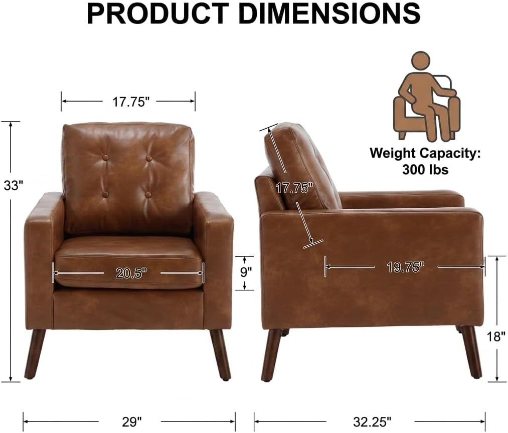 Mid-Century Faux Leather Accent Chairs, Tufted Upholstered Living Room Chairs with Solid Wood Legs, Retro - Set of 2