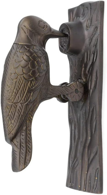 Solid Brass Woodpecker Door Knocker, 6.5" in Antique Brass Finish with Mounting Hardware