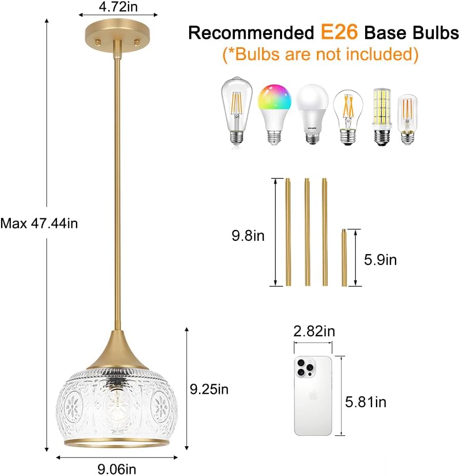 Gold Pendant Light - Modern Pendant Lights Kitchen Island with Handblown Glass, Vintage Hanging Light for Kitchen
