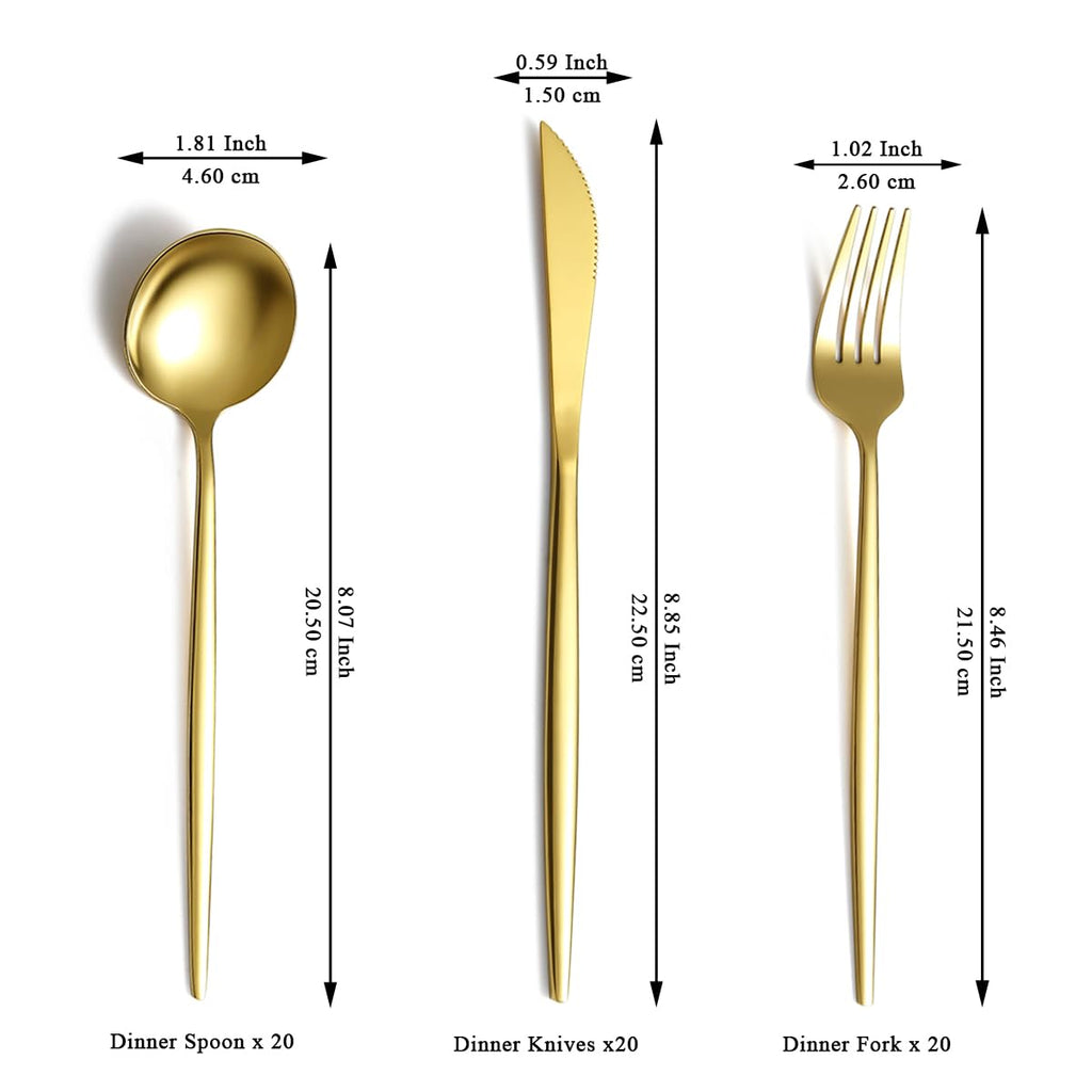 Gold Silverware Set 60 Piece Service for 20, Titanium Gold Plated Stainless Steel Flatware Set, Knives Forks Spoons