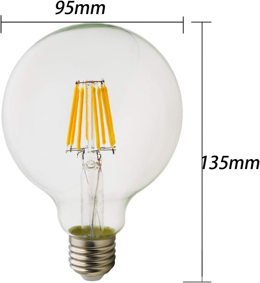 LED Globe Bulb 8W 2200K Warm White 650 Lumens, E26/E27 Base Vintage G95 Clear Glass Globe Edison Style LED Filament